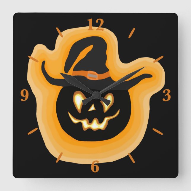 Reloj Cuadrado Glowing Pumpkin Witch On Black Square Wall Clock (Anverso)