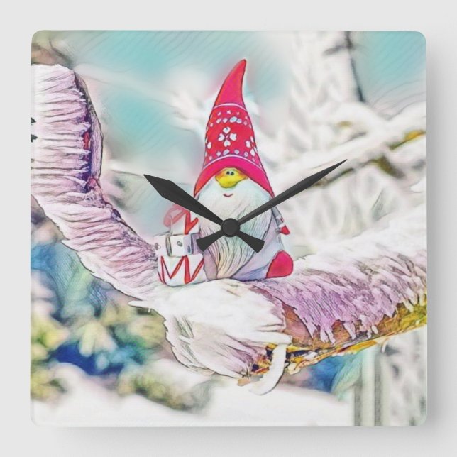Reloj Cuadrado Gnomes en la pintura de la acuarela de nieve (Anverso)