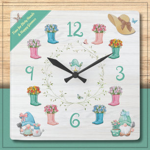 Reloj Cuadrado Gnomo Caprichoso de Jardín y Botas Florales