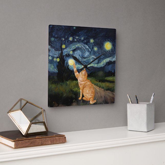 Reloj Cuadrado Gogh Kitty Starry Night Cat (Oficina)