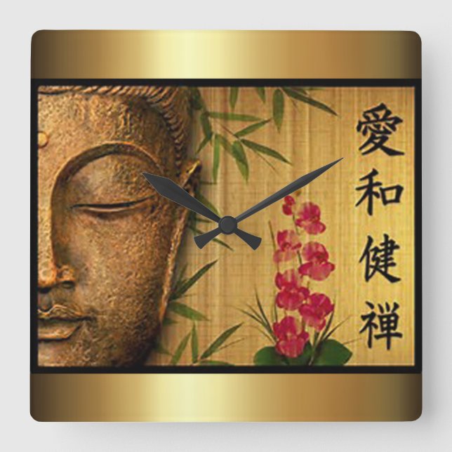 Reloj Cuadrado Gold Buddha Green Leaves & Red Flowers (Anverso)