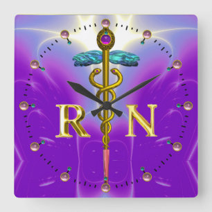 Reloj Cuadrado GOLD CADUCEUS REGISTERED NURSE SYMBOL,Blue Purple