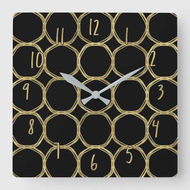 Reloj Cuadrado Gold Circles & Black Modern Trendy Chic (Anverso)