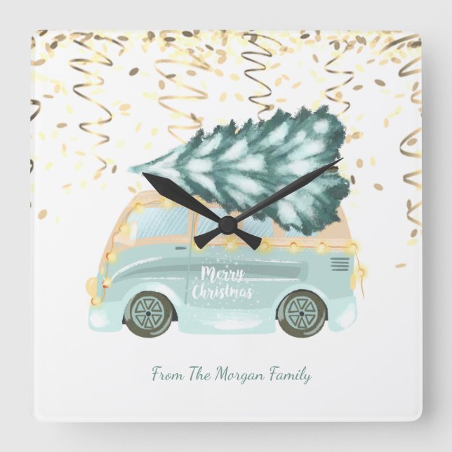 Reloj Cuadrado Gold Confetti,Christmas Green Truck Pine Tree   (Anverso)