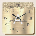 Reloj Cuadrado Gold Glitter Brushed Metal Monogram Name<br><div class="desc">Gold Faux Foil Metallic Sparkle Glitter Brushed Metal Monogram Name and Initial Luxury Wall Clock. This makes the perfect sweet 16 birthday,  wedding,  bridal shower,  anniversary,  baby shower or bachelorette party gift for someone that loves glam luxury and chic styles.</div>