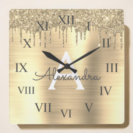 Reloj Cuadrado Gold Glitter Brushed Metal Monogram Name