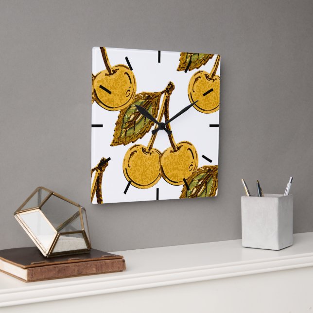 Reloj Cuadrado Golden Metallic Cherries Pattern (Oficina)