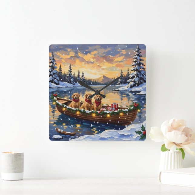 Reloj Cuadrado Golden Retriever Christmas Boat Holiday (Hogar)