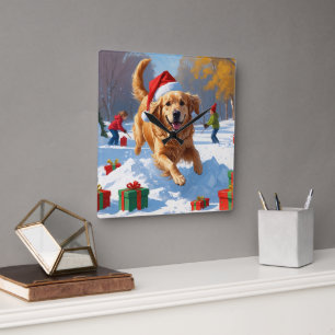 Reloj Cuadrado Golden Retriever en la nieve con sombrero de Navid