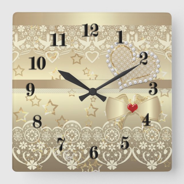 Reloj Cuadrado Golden Valentines Day Wedding illustration heart l (Anverso)