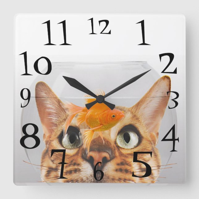 Reloj Cuadrado Goldfish de observación del gato en un cuenco de (Anverso)