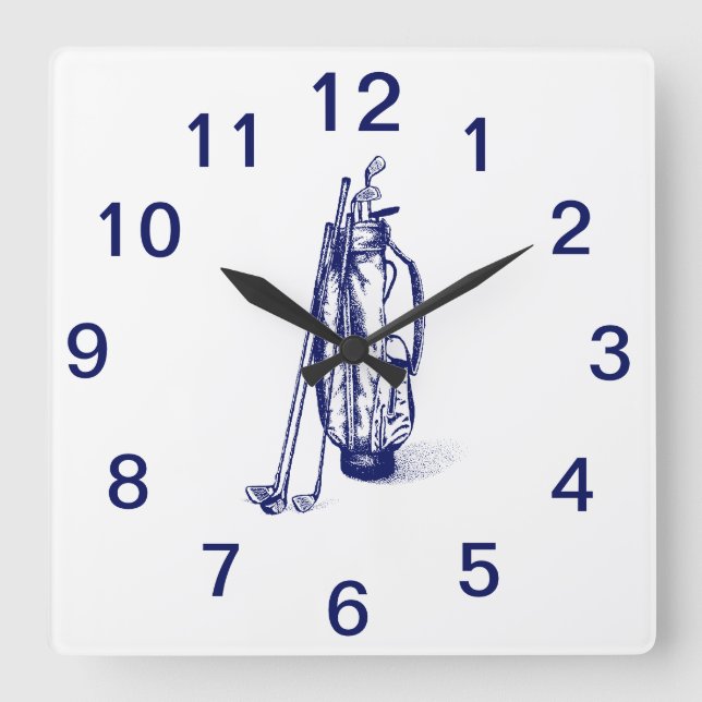 Reloj Cuadrado Golf Bag Clubes de golf Blue Square Wall Clock (Anverso)
