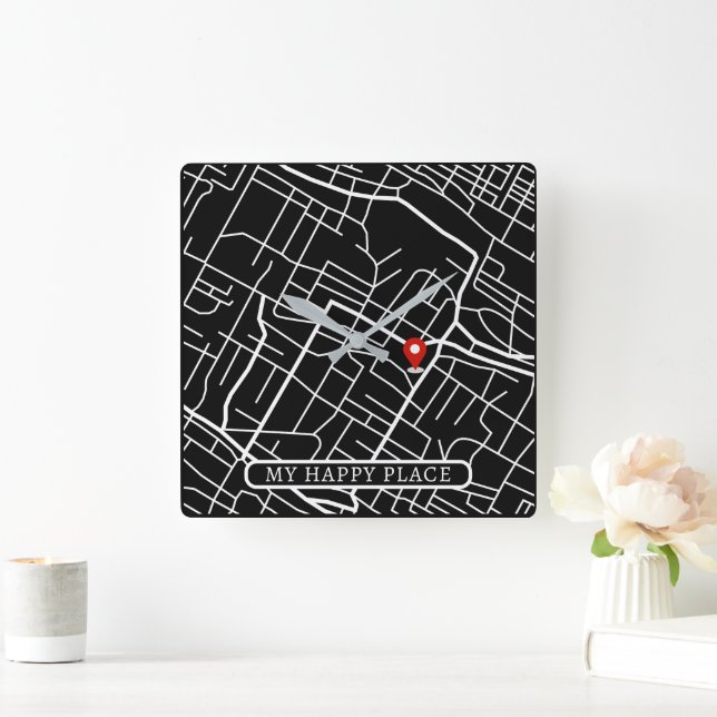 Reloj Cuadrado Google Home Location Map My Happy Place White Text (Hogar)