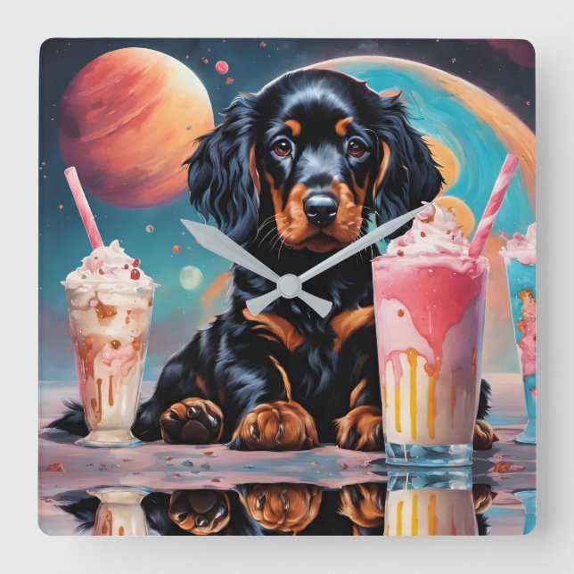 Reloj Cuadrado Gordon Setter Puppy N Milkshakes (Anverso)