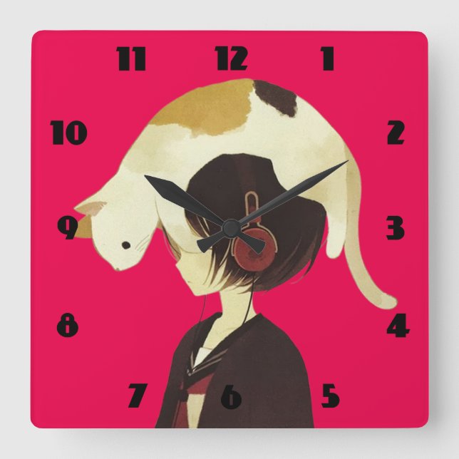 Reloj Cuadrado GORRA CAT - Niño animado con gato (Anverso)