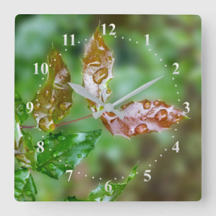 Reloj Cuadrado gotas de lluvia en hojas