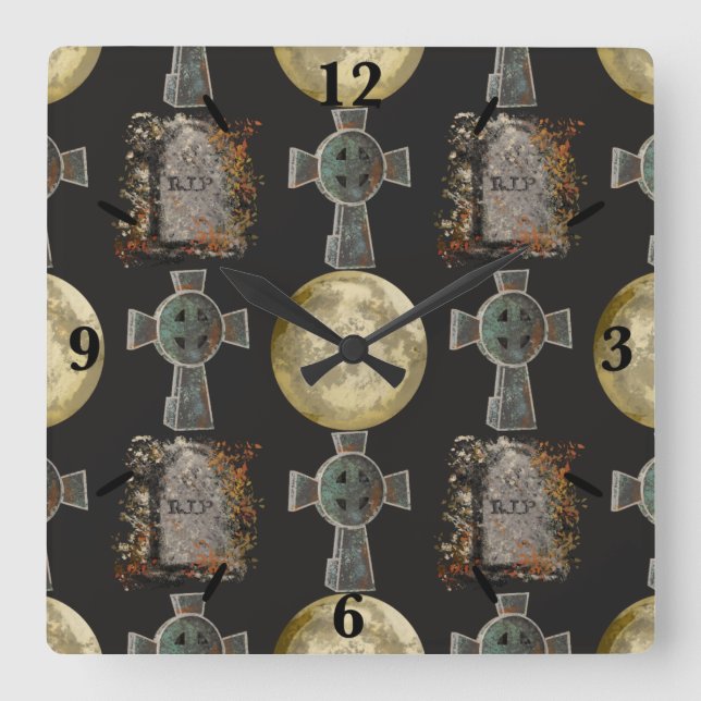 Reloj Cuadrado Gothic R.I.P. Headstone Celtic Cross Full Moon Art (Anverso)