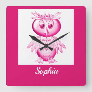 Reloj Cuadrado Graciosa Lechuza Rosa Personalizada Niños