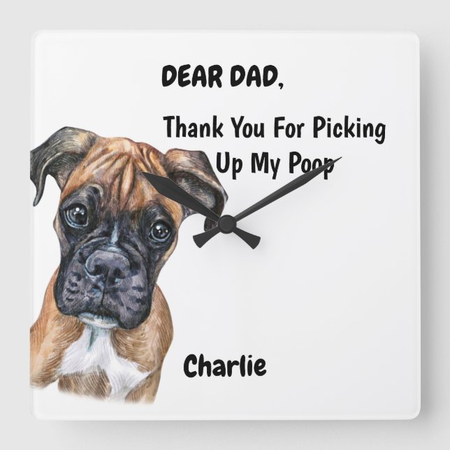 Reloj Cuadrado Gracioso Boxeador Cachorro Perro Papá Acuarela Art (Anverso)