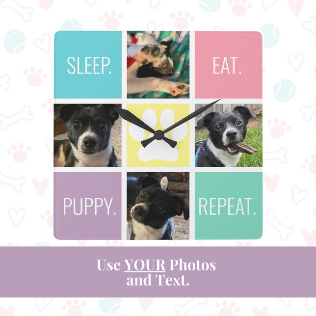 Reloj Cuadrado Gracioso Cachorro Dormir Comer Repetir El Pastel D (This dog mom custom photo and text clock is a cute, practical and unique gift for Mother's Day!)