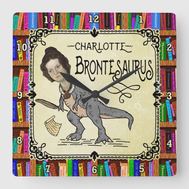 Reloj Cuadrado Gracioso Charlotte Bronte Saurus Lector de Libros  (Anverso)