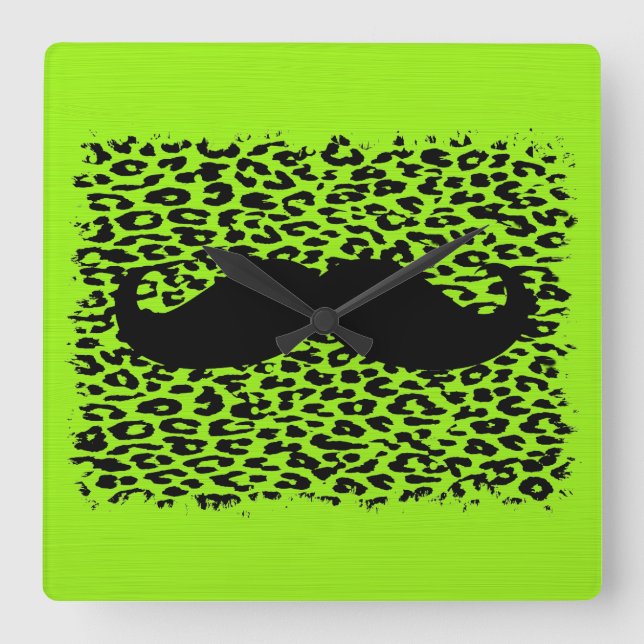 Reloj Cuadrado Gracioso Mustache sobre fondo verde lima (Anverso)