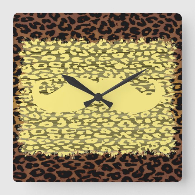 Reloj Cuadrado Gracioso Mustache y leopardo impreso (Anverso)