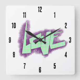 Reloj Cuadrado graffiti de amor morado verde menta tipografía pun
