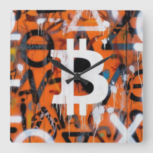 Reloj Cuadrado "Graffiti de Bitcoin" (Estilo #2) Arte Callejero