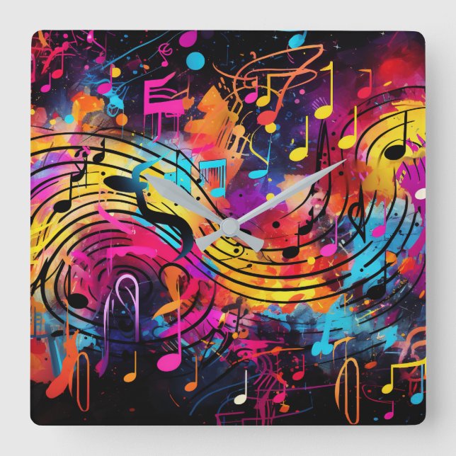 Reloj Cuadrado Graffiti Musical Notes Wall Clock (Anverso)