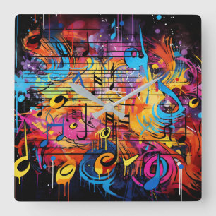 Reloj Cuadrado Graffiti Musical Notes Wall Clock
