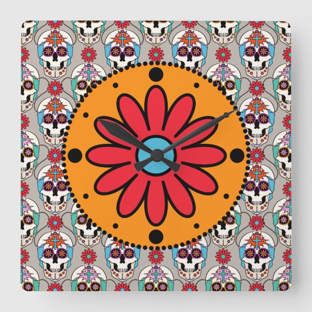 Reloj Cuadrado Gráfica de calaveras de azúcar (Anverso)