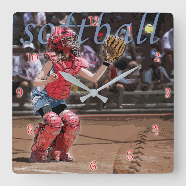 Reloj Cuadrado Gráfico de Catcher de Softball (Anverso)