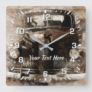 Reloj Cuadrado Gráfico del coche del vintage su texto