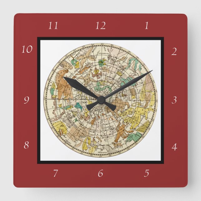 Reloj Cuadrado Gráfico y mapa de constelaciones de estrellas del  (Anverso)