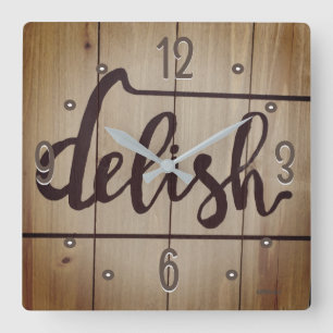 Reloj Cuadrado Gráficos de cocina palabra DELISH marrón rústico