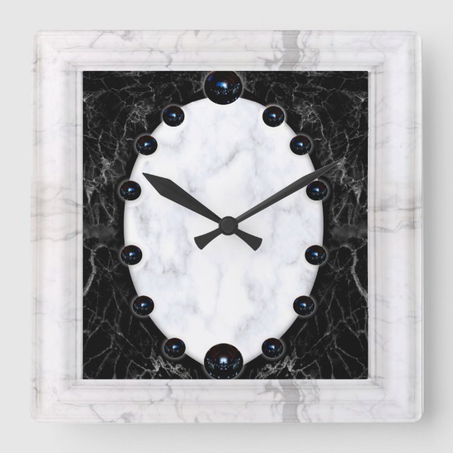 Reloj Cuadrado Gráficos de la esfera de mármol blanco y negro (Anverso)