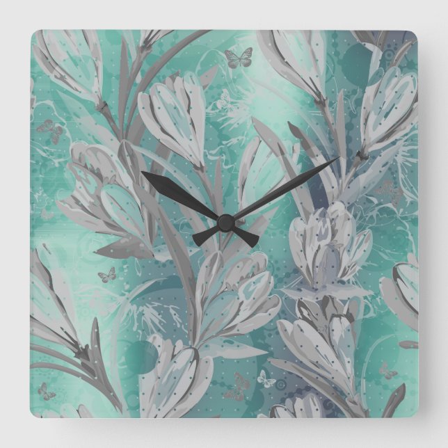 Reloj Cuadrado Grafito gris Mariposa floral Verde azulada acuátic (Anverso)