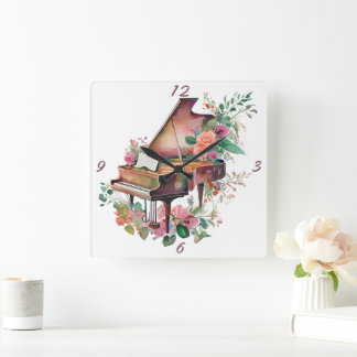 Reloj Cuadrado Gran acuarela de piano para bebé marrón