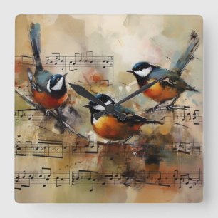 Reloj Cuadrado Gran ave de Titmouse pintada sobre la partitura