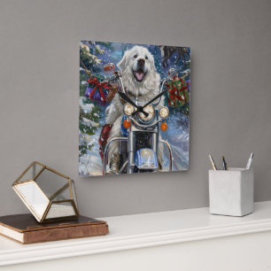 Reloj Cuadrado Gran Perro Pirineo Montando Motocicleta Navidad