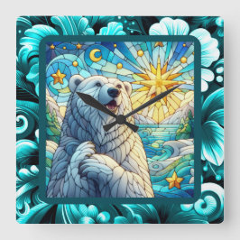 Reloj Cuadrado Grandioso y caprichoso oso polar Faux Stained Glas