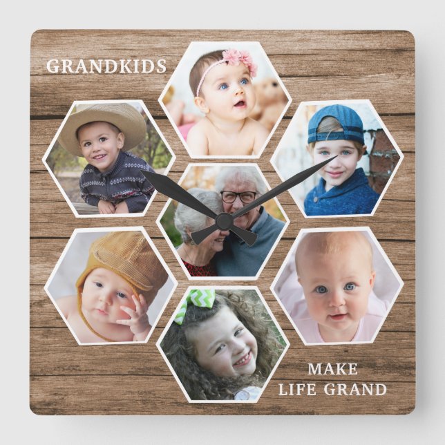Reloj Cuadrado Grandkids Make Life Grand 7 Photo Collage Wood (Anverso)