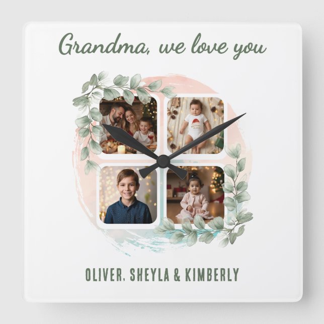 Reloj Cuadrado Grandma we love you 6 Photo Collage Eucalyptus (Anverso)