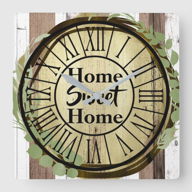 Reloj Cuadrado Granja de guirnaldas botánicas de madera blanca y  (Anverso)