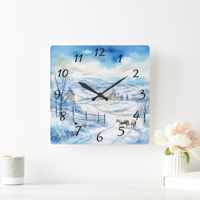 Reloj Cuadrado Granja de invierno con montañas y caballos (Hogar)