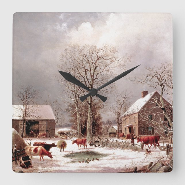 Reloj Cuadrado Granja de invierno de nieve vacas pavos pavos relo (Anverso)