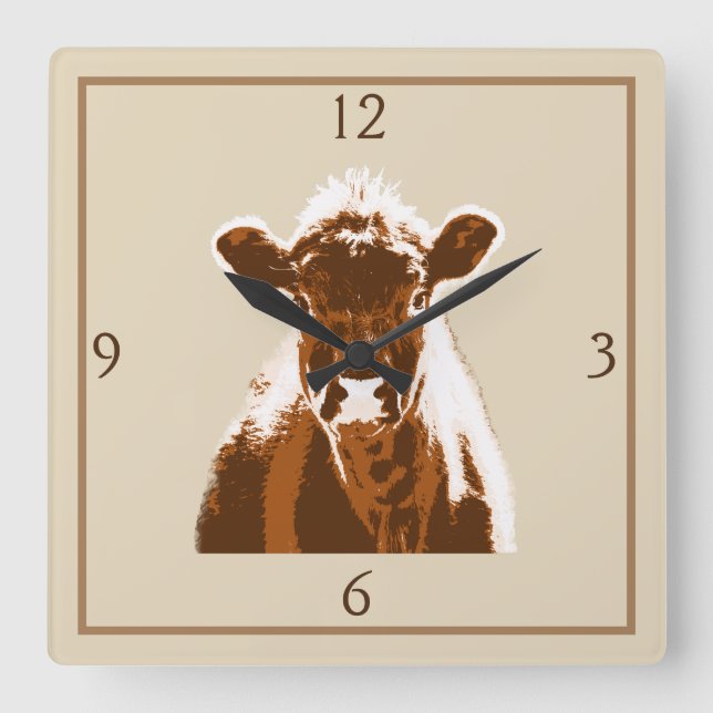 Reloj Cuadrado Granja de vaca marrón divertida (Anverso)