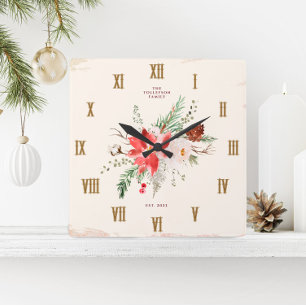 Reloj Cuadrado Granja Navidad Invierno Poinsettia Rústico