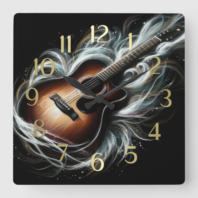 Reloj Cuadrado Grave Pastel Dibujo Grasación Guitarra Acústica (Anverso)